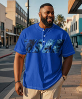 Big & Tall Men's Hawaiian Blue Patchwork Coconut Tree Print Henry Collar Button Short Sleeve T-Shirt